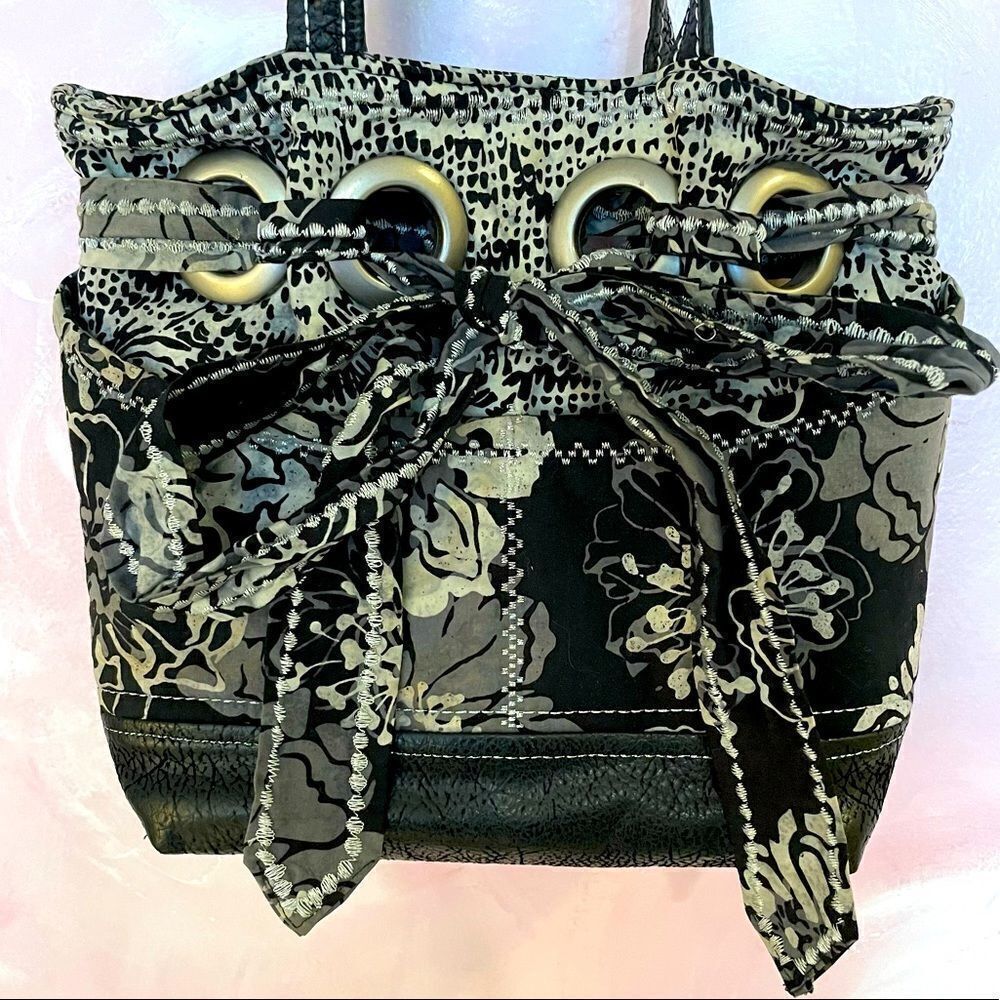 Handmade hand sewn black and gray batik fabric bag with tons of pockets!